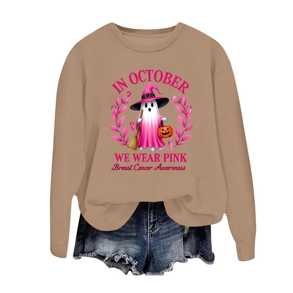 Women's Crewneck Long Sleeve Hoodless Sweatshirt Cancer Awareness Pullover With Pink Ribbon Ghost Graphic Print "In October We Wear Pink" for Halloween Fall Casual Outfit