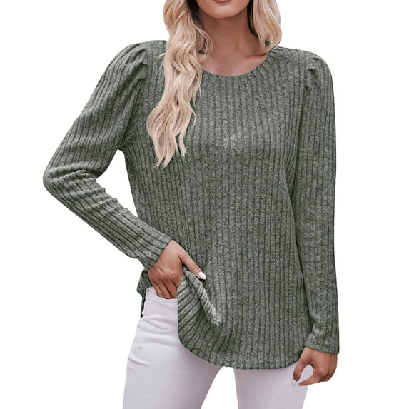 Women's Crewneck Long Sleeve Knit Shirts Solid Basic Casual Tops Lightweight Stretch Ribbed Pullover Sweater