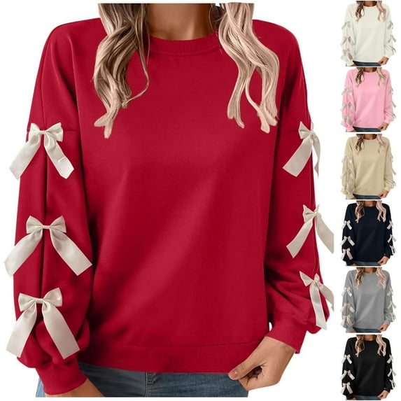 Women's Crewneck Long Sleeve Ribbon Bow Sweatshirt Y2K Cute Loose Fit Drop Shoulder Bowknot Valentine Pullover Top Navy M