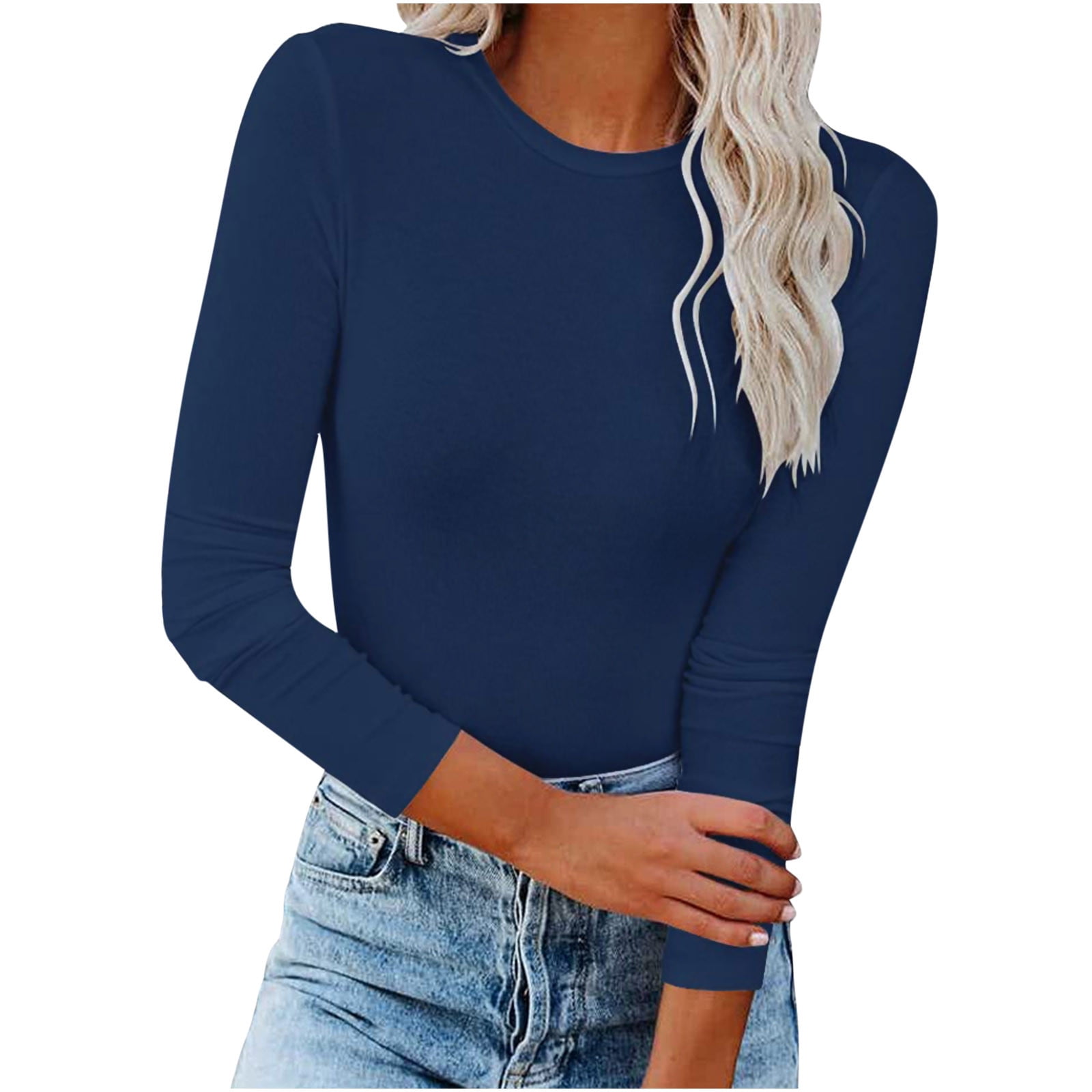 Women's Crewneck Long Sleeve Shirts Fall Stretch Solid Color Tunic