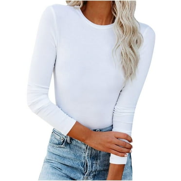 Women's Crewneck Long Sleeve Shirts Fall Stretch Solid Color Tunic Tops Casual Slim Fitted Soft Pullover Basic Tee