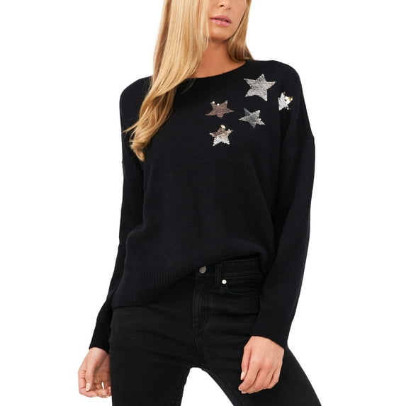 Women's Crewneck Long Sleeve Star Sequin Sweater Rich Black XL
