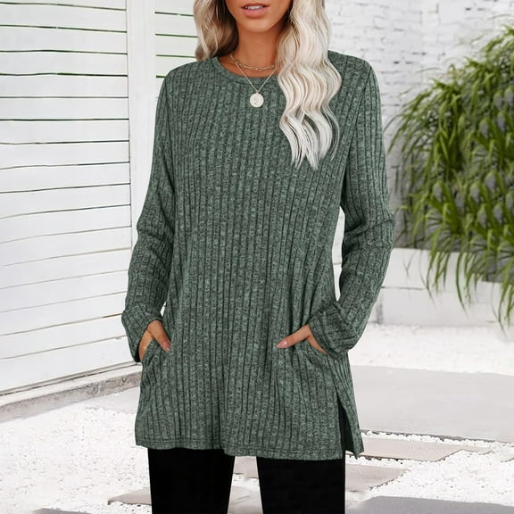 Women's Crewneck Long Sleeve Sweater with Pockets Side Slit Hem Loose Fit Knit Top Fall Winter Fashion 2025 Casual Comfort Outfits Green M