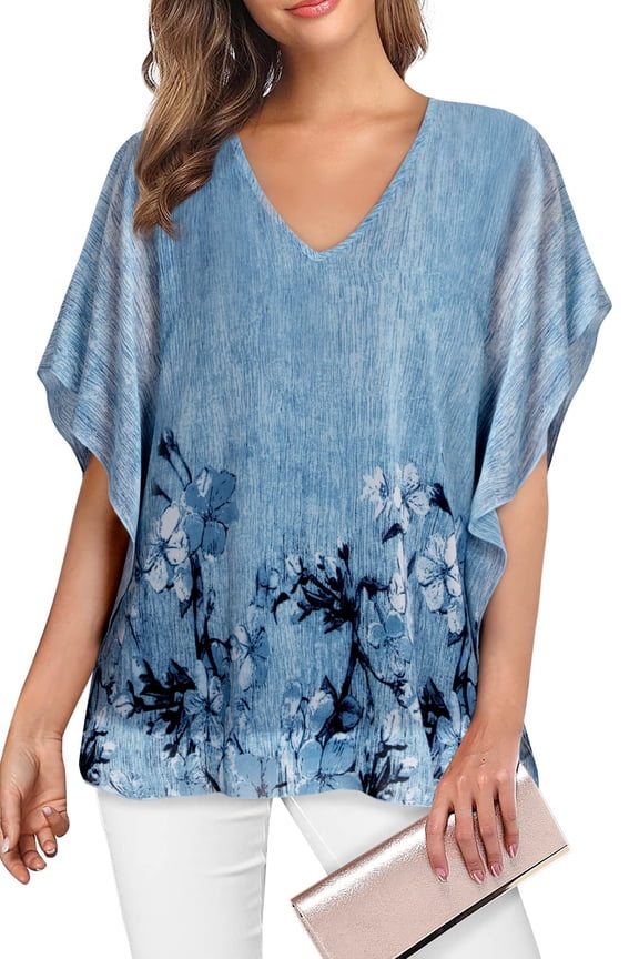 Women's Crewneck Mesh Layered Blouse, Flutter Batwing Short Sleeve Pleated Front Loose Flowy Summer Dressy Casual Top