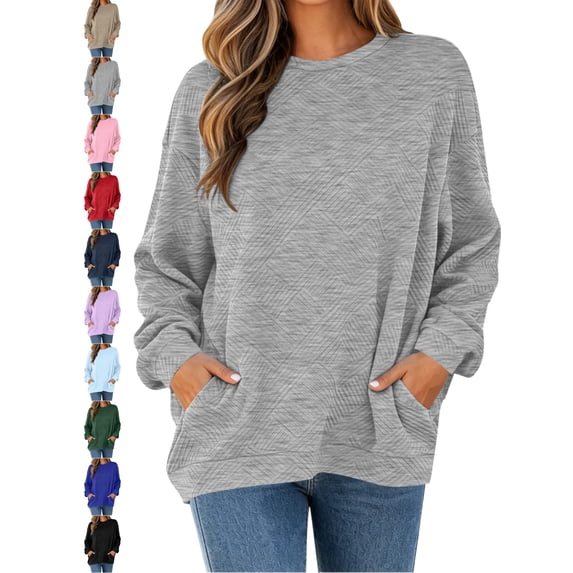 Women's Crewneck Oversized Sweatshirt Pullover Long Sleeve Diamond Jacquard with Pockets Casual Everyday Fall Winter Top