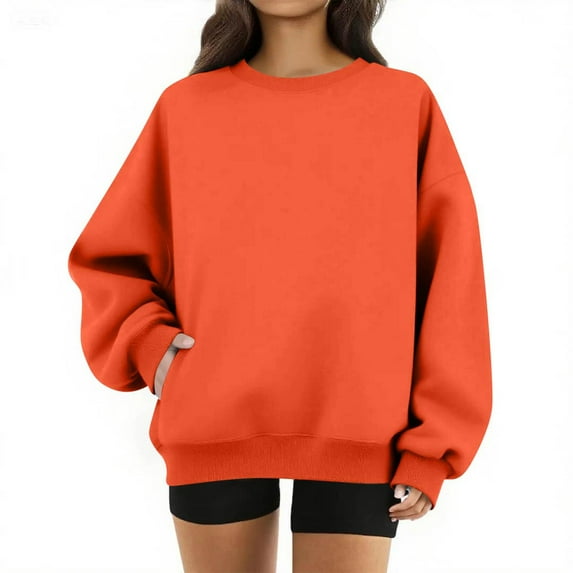 Women’s Crewneck Pullover Long Sleeve Sweatshirt Casual Loose Fit Tops Lightweight Cotton Blend O-Neck Blouse for Autumn Winter Daily Wear Saffron