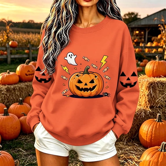 Women's Crewneck Pullover Sweatshirt Halloween Graphic Tops Long Sleeve Casual Fall Shirts Cute Pumpkin Candy Print Loose Fit Activewear for Festivals