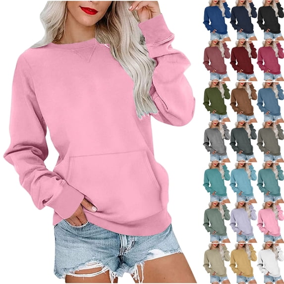Women's Crewneck Pullover Sweatshirt Long Sleeve Solid Color Casual Top with Kangaroo Pocket Relaxed Fit No Hood Basic Long Sleeve Pocket Relaxed Fit Casual Pullover Tops Jumper for Fall and Winter