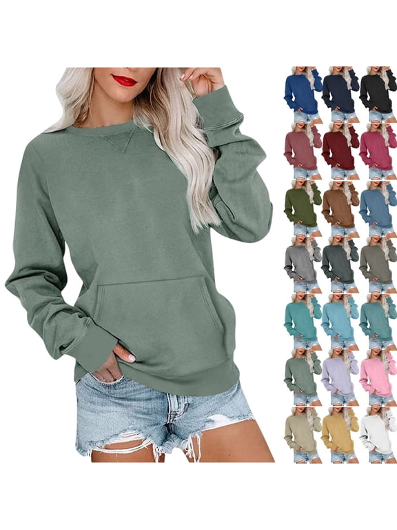 Women's Crewneck Pullover Sweatshirt Long Sleeve Solid Color Casual Top with Kangaroo Pocket Relaxed Fit No Hood Basic Long Sleeve Pocket Relaxed Fit Casual Pullover Tops Jumper for Fall and Winter