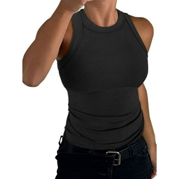 Women's Crewneck Racerback Ribbed Tank Tops Summer Basic High Neck Sleeveless Slim Fit Crop Tops