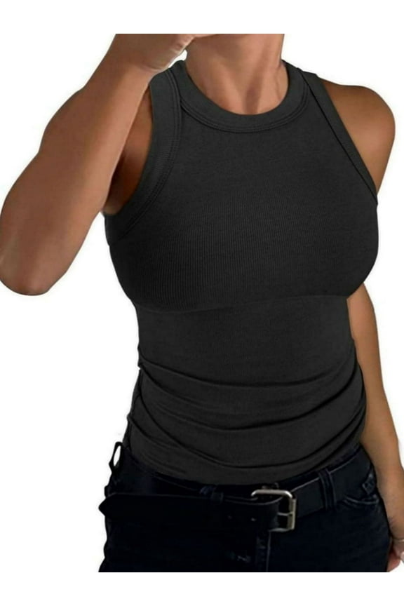 Women's Crewneck Racerback Ribbed Tank Tops Summer Basic High Neck Sleeveless Slim Fit Crop Tops