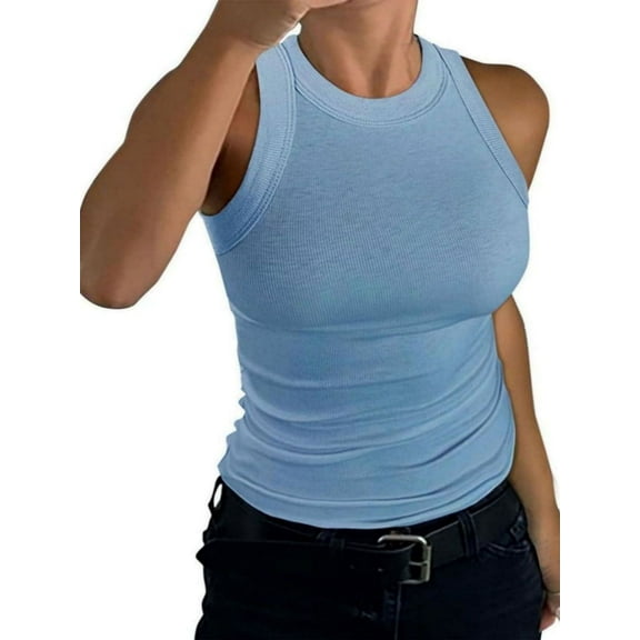 Women's Crewneck Racerback Ribbed Tank Tops Summer Basic High Neck Sleeveless Slim Fit Crop Tops