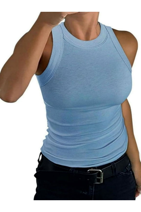 Women's Crewneck Racerback Ribbed Tank Tops Summer Basic High Neck Sleeveless Slim Fit Crop Tops