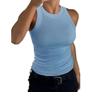 Women's Crewneck Racerback Ribbed Tank Tops Summer Basic High Neck Sleeveless Slim Fit Crop Tops