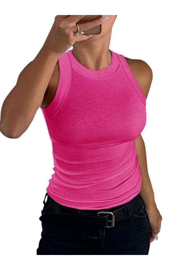 Women's Crewneck Racerback Ribbed Tank Tops Summer Basic High Neck Sleeveless Slim Fit Crop Tops