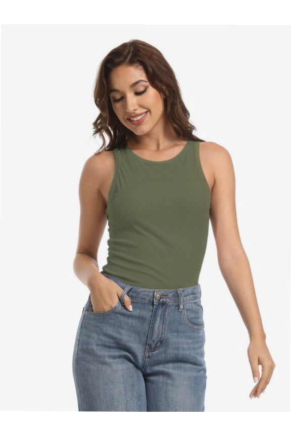 Women's Crewneck Racerback Ribbed Tank Tops Summer Basic High Neck Sleeveless Slim Fit Crop Tops