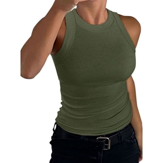 Women's Crewneck Racerback Ribbed Tank Tops Summer Basic High Neck Sleeveless Slim Fit Crop Tops