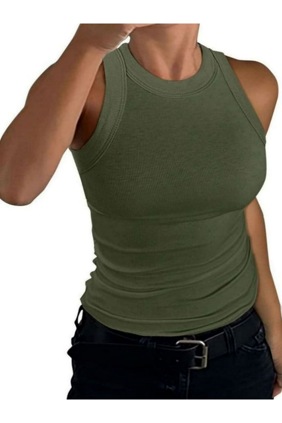 Women's Crewneck Racerback Ribbed Tank Tops Summer Basic High Neck Sleeveless Slim Fit Crop Tops