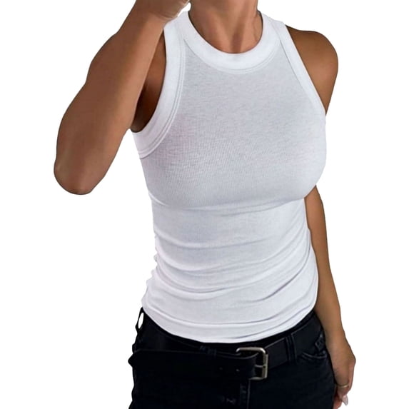 Women's Crewneck Racerback Ribbed Tank Tops Summer Basic High Neck Sleeveless Slim Fit Crop Tops