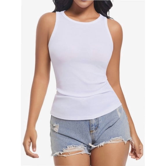 Women's Crewneck Racerback Ribbed Tank Tops Summer Basic High Neck Sleeveless Slim Fit Crop Tops