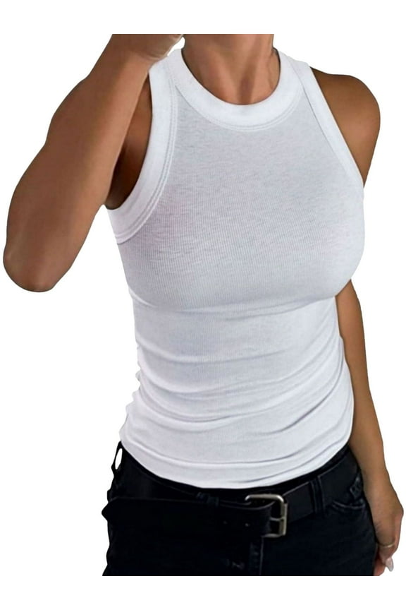 Women's Crewneck Racerback Ribbed Tank Tops Summer Basic High Neck Sleeveless Slim Fit Crop Tops
