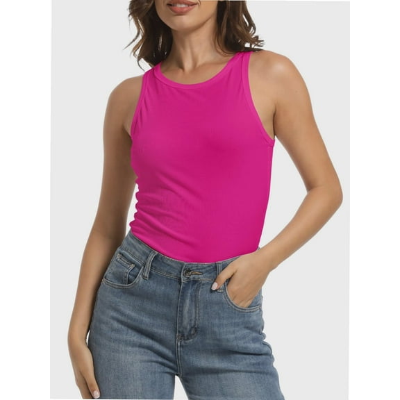 Women's Crewneck Racerback Ribbed Tank Tops Summer Basic High Neck Sleeveless Slim Fit Crop Tops