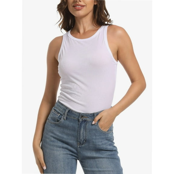 Women's Crewneck Racerback Ribbed Tank Tops Summer Basic High Neck Sleeveless Slim Fit Crop Tops