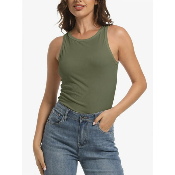 Women's Crewneck Racerback Ribbed Tank Tops Summer Basic High Neck Sleeveless Slim Fit Crop Tops