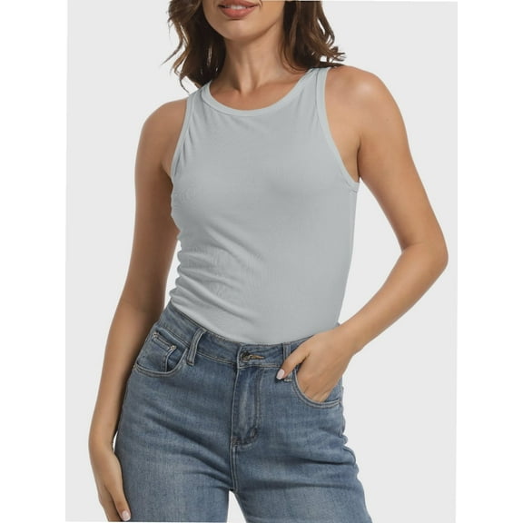 Women's Crewneck Racerback Ribbed Tank Tops Summer Basic High Neck Sleeveless Slim Fit Crop Tops
