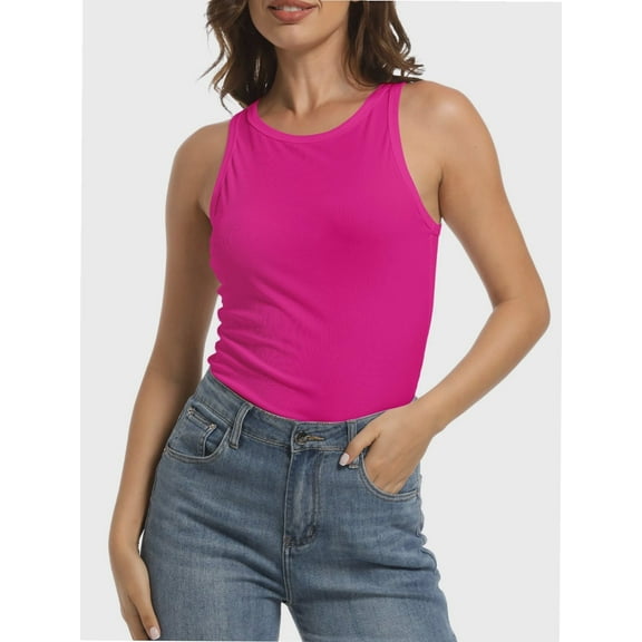 Women's Crewneck Racerback Ribbed Tank Tops Summer Basic High Neck Sleeveless Slim Fit Crop Tops