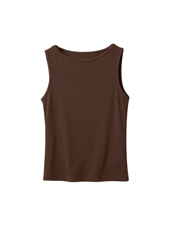 Women's Crewneck Ribbed Tank Tops Sleeveless Casual Soft Stretchy Shirts Form-Fitting Solid Color Basic Tops Coffee L