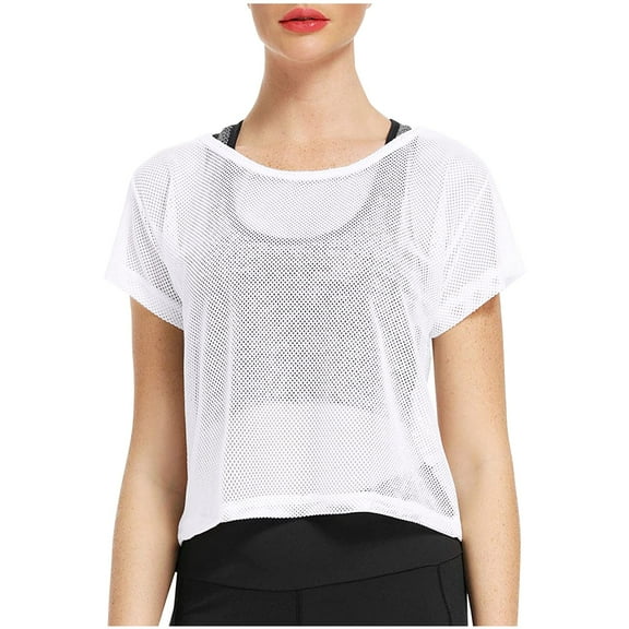 Women's Crewneck Sheer Mesh T-Shirt Soft Short Sleeve Solid Color Crop Top Net Tee Casual Comfortable Stylish Shirt