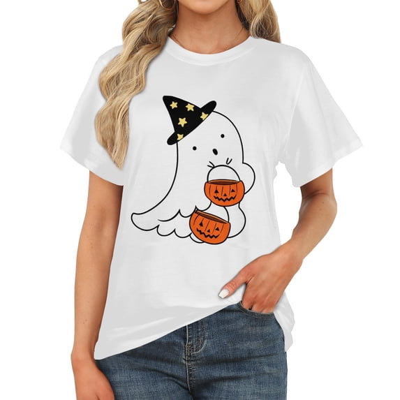 Women's Crewneck Short Sleeve T-Shirt, Cute Vintage Autumn Cute Halloween Graphic Casual Tee