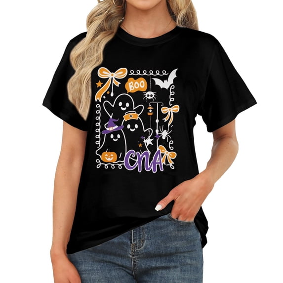 Women's Crewneck Short Sleeve T-Shirt, Cute Vintage Autumn Halloween CNA Ghost Graphic Casual Tee
