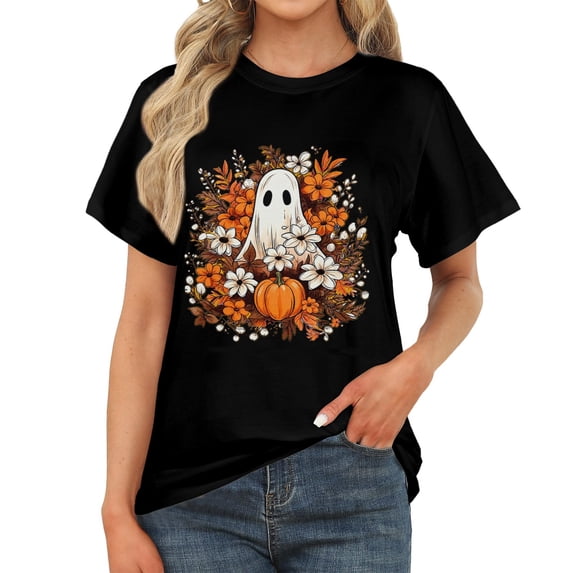 Women's Crewneck Short Sleeve T-Shirt, Cute Vintage Autumn Halloween Ghost Graphic Casual Tee