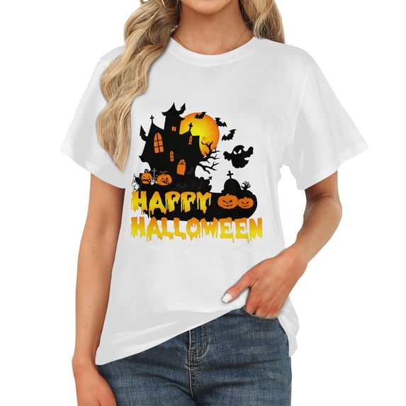 Women's Crewneck Short Sleeve T-Shirt, Cute Vintage Autumn Happy Halloween Graphic Casual Tee