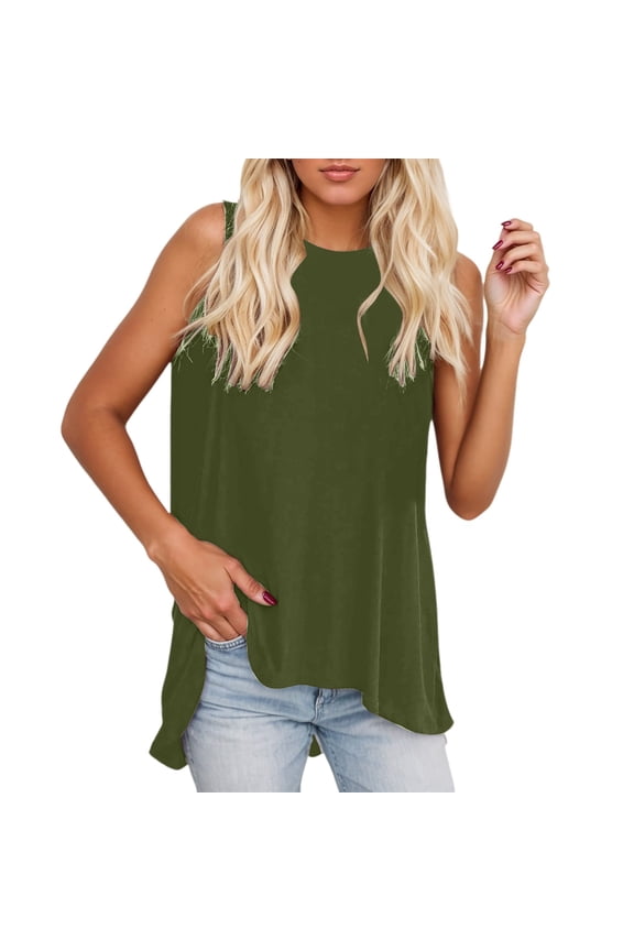 Women's Crewneck Sleeveless Swing Tunic - High - Low Asymmetrical Hem, Loose Flowy, Made of Soft Polyester - Spandex Blend, Suitable for Summer, Multiple Sizes