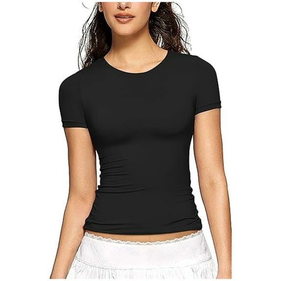 Women's Crewneck Slim Fitted T-Shirt Solid Color Basic Short Sleeve Crop Tops Summer Y2k Going Out Tees