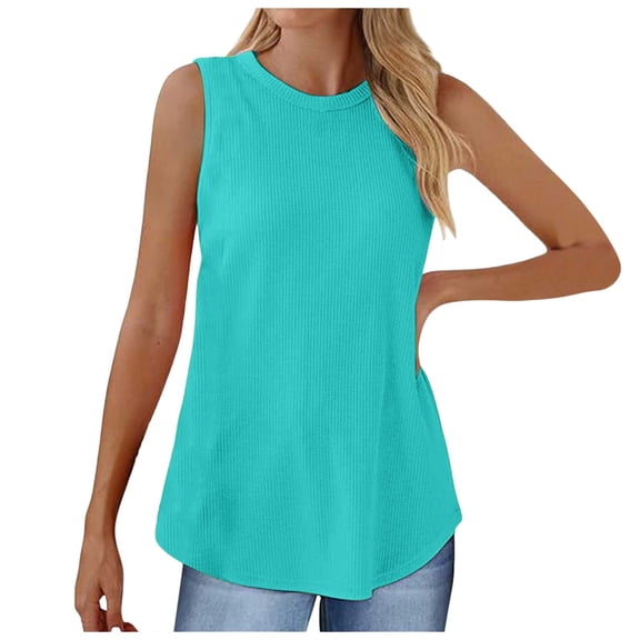 Women's Crewneck Soft Knit Tank Top Loose Fit Beach T-Shirt Casual Comfortable Curved Hem Tee Breathable Summer Top