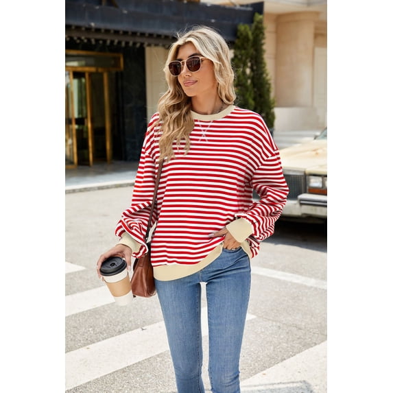 New Women's Crewneck Striped Long Sleeve Shirts Hoodies Top
