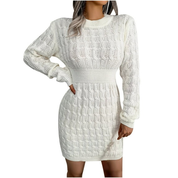 Women's Crewneck Sweater Dresses Cable Knit Long Sleeve Mini Wrap Dress Casual Soft Slim Pullover Jumper Sweaters