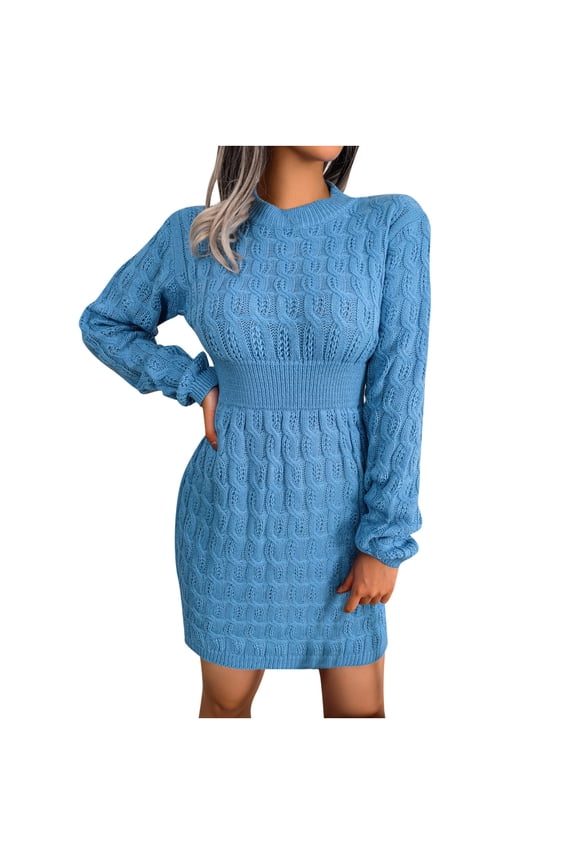 Women's Crewneck Sweater Dresses Cable Knit Long Sleeve Mini Wrap Dress Casual Soft Slim Pullover Jumper Sweaters