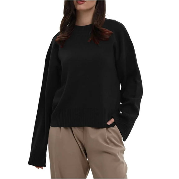 Women's Crewneck Sweater Long Sleeve Solid Cable Knit Pullover Tops Black L