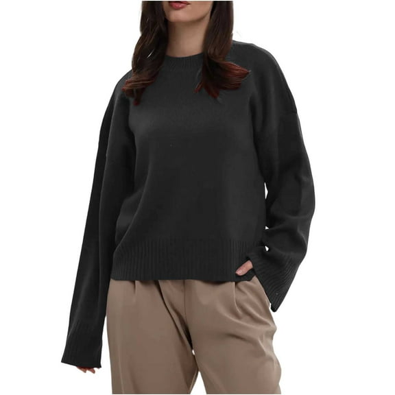 Women's Crewneck Sweater Long Sleeve Solid Cable Knit Pullover Tops Dark Gray M