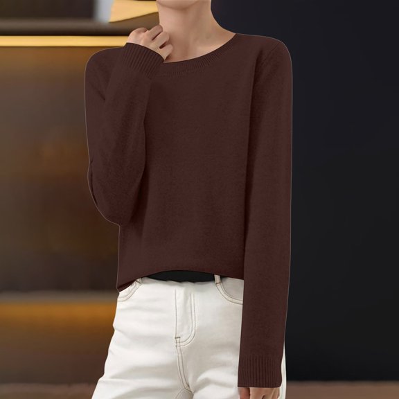 Women's Crewneck Sweater, Soft Knit Pullover, Loose Fit Plus Size Top, Long Sleeve Everyday Basic, Solid Color Casual Shirt, Lightweight Loungewear, Versatile Layering Piece Coffee L