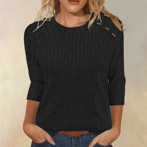 Women's Crewneck Sweater, Solid Color Textured Ribbed Pullover, Lightweight Long Sleeve Top, Casual Everyday Basic, Fall Winter Layering Piece Black S
