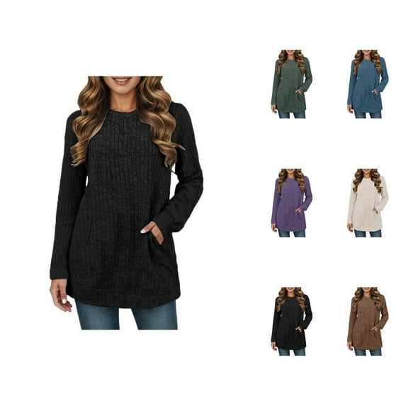 Women's Crewneck Sweatshirt 2025 Fall Winter Long Sleeve Ribbed Knit Plain Sweat Shirts Pullover Tops