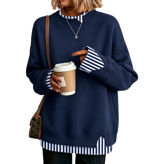 Women's Crewneck Sweatshirt Layered Hem Pullover Top with Ribbed Cuffs Slouchy Street Style Sweatshirts, L