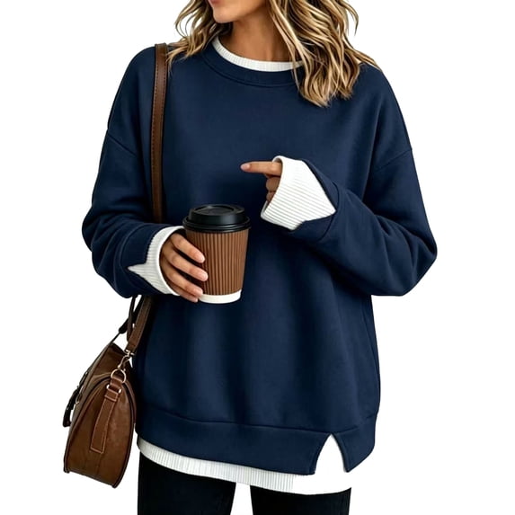 Women's Crewneck Sweatshirt Layered Hem Pullover Top with Ribbed Cuffs Slouchy Street Style Sweatshirts, XL