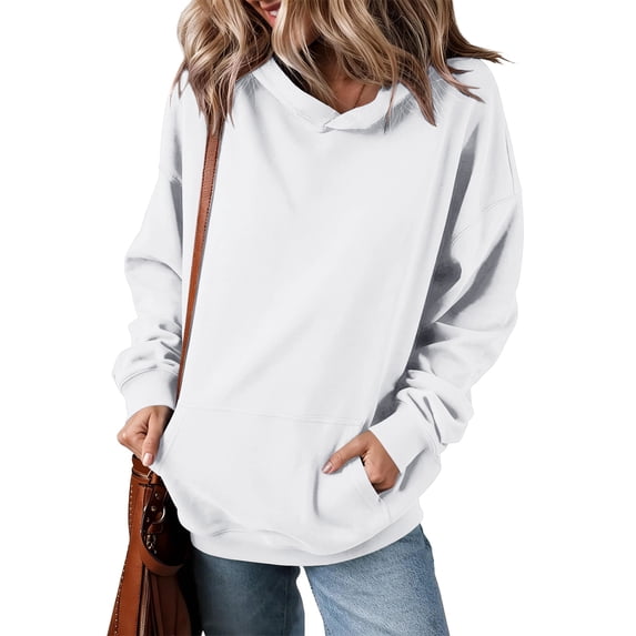 Women's Crewneck Sweatshirt Long Sleeve Hoodies Lightweight Pullover Solid Color Casual Fall Winter Tunic Top Soft for Women with Kangaroo Pocket White 3XL